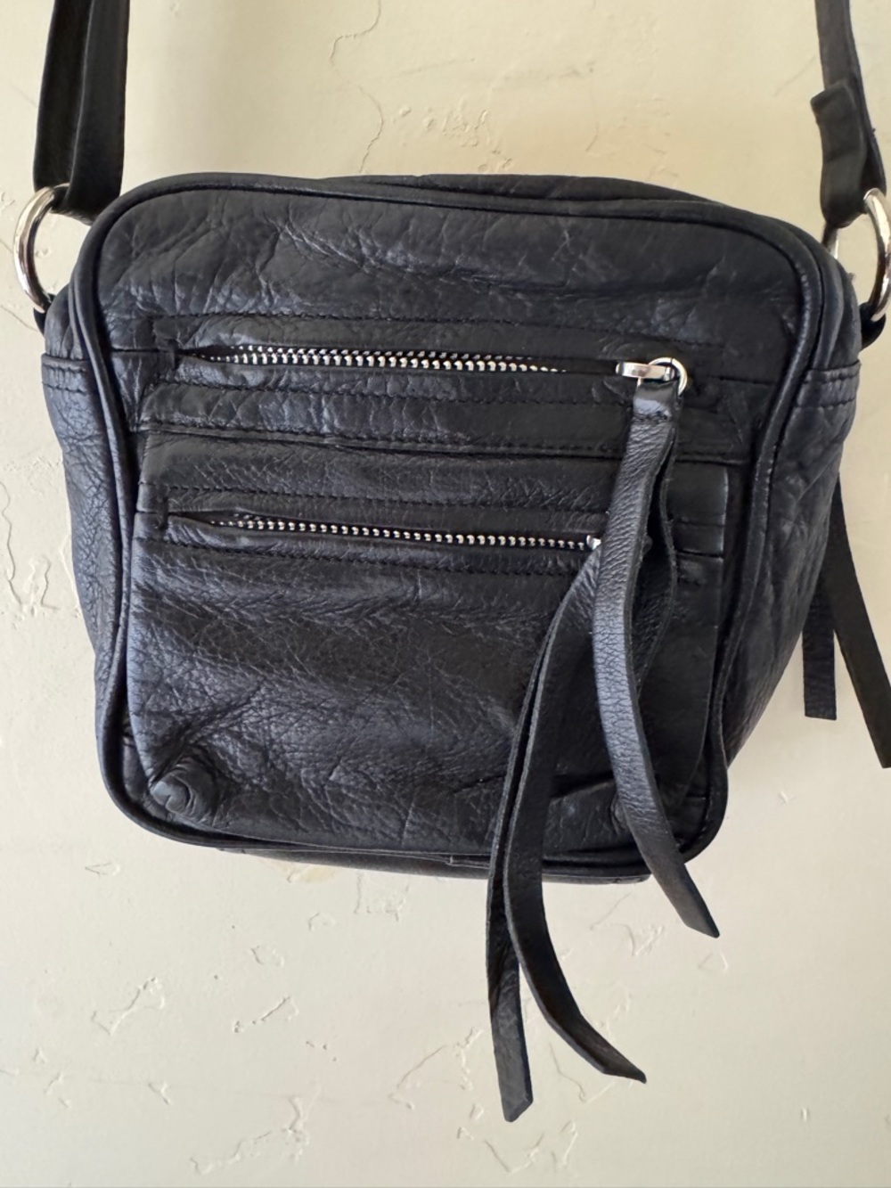 Women's Black Leather Crossbody Bag with Front Zip Pockets